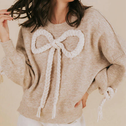 Women's Crew Neck Long Sleeve Knitted Sweater Handmade Whip Butterfly Top