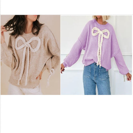 Women's Crew Neck Long Sleeve Knitted Sweater Handmade Whip Butterfly Top