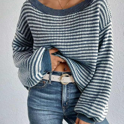 Women's Off-the-shoulder Contrast Striped Lantern Sleeve Knitted Sweater