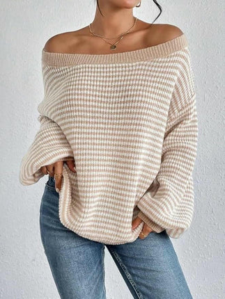 Women's Off-the-shoulder Contrast Striped Lantern Sleeve Knitted Sweater