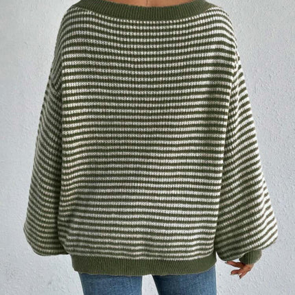 Women's Off-the-shoulder Contrast Striped Lantern Sleeve Knitted Sweater