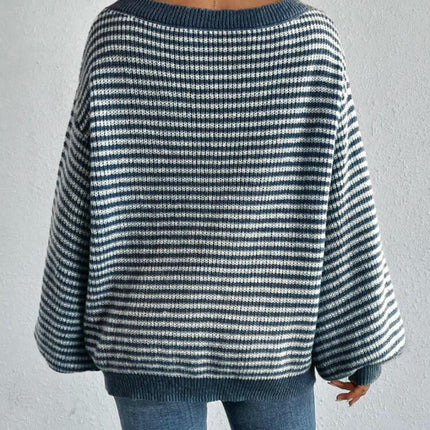 Women's Off-the-shoulder Contrast Striped Lantern Sleeve Knitted Sweater