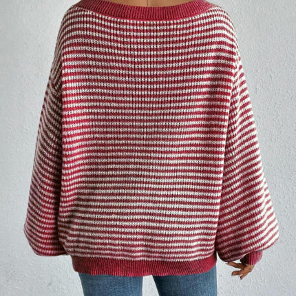 Women's Off-the-shoulder Contrast Striped Lantern Sleeve Knitted Sweater