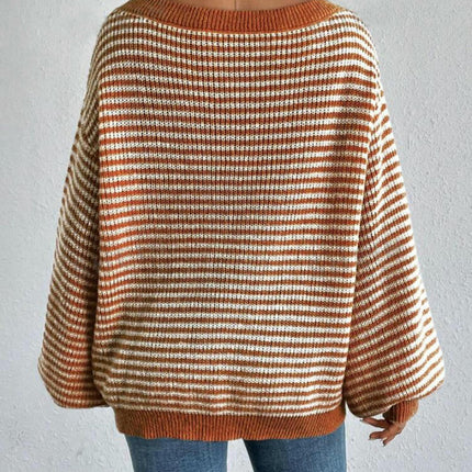 Women's Off-the-shoulder Contrast Striped Lantern Sleeve Knitted Sweater