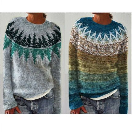 Womens Knitted Printed Sweater Casual Loose Long Sleeve Pullover Sweater Tops