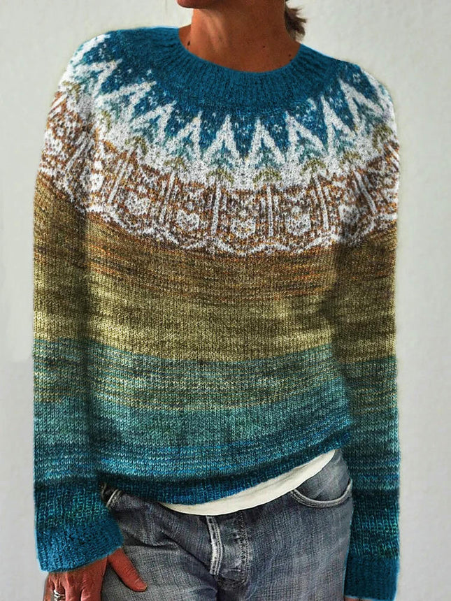 Womens Knitted Printed Sweater Casual Loose Long Sleeve Pullover Sweater Tops