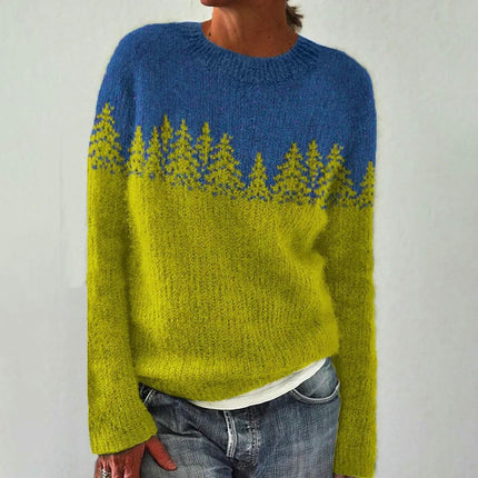 Womens Knitted Printed Sweater Casual Loose Long Sleeve Pullover Sweater Tops