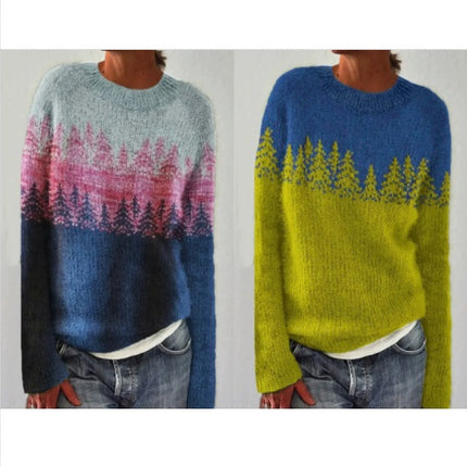 Womens Knitted Printed Sweater Casual Loose Long Sleeve Pullover Sweater Tops