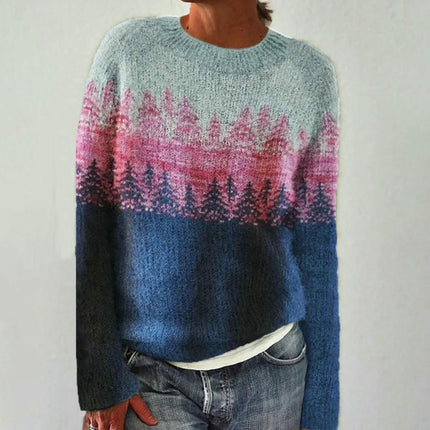 Womens Knitted Printed Sweater Casual Loose Long Sleeve Pullover Sweater Tops