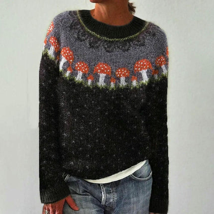 Womens Knitted Printed Sweater Casual Loose Long Sleeve Pullover Sweater Tops