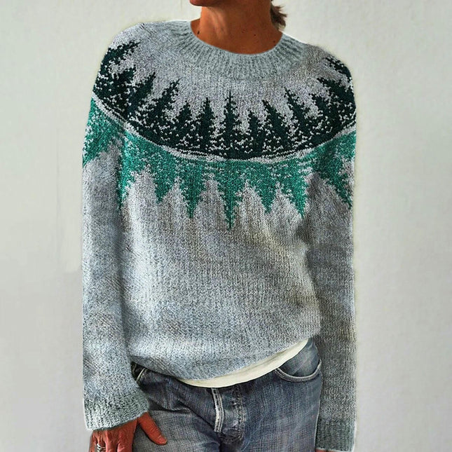 Womens Knitted Printed Sweater Casual Loose Long Sleeve Pullover Sweater Tops
