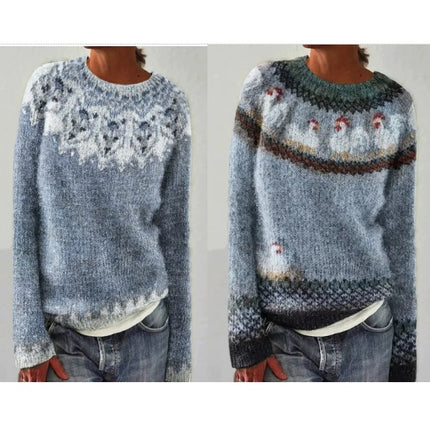 Women's 3D Printed Round Neck Soft Sweater Casual Jacket Knitwear