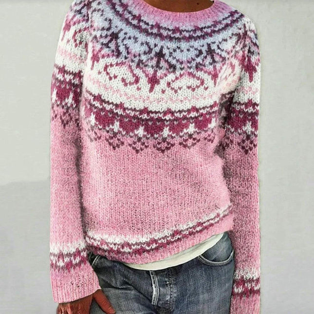 Women's 3D Geometric Printed Round Neck Sweater Casual Jacket Knitwear