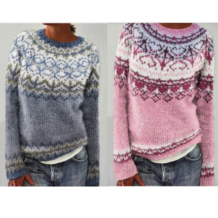 Women's 3D Geometric Printed Round Neck Sweater Casual Jacket Knitwear