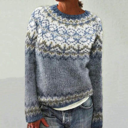 Women's 3D Geometric Printed Round Neck Sweater Casual Jacket Knitwear