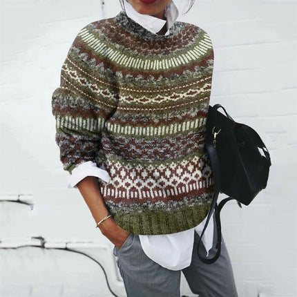 Women's Long Sleeve Printed Crew Neck Sweater Casual Jacket Knit Top