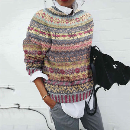 Women's Long Sleeve Printed Crew Neck Sweater Casual Jacket Knit Top