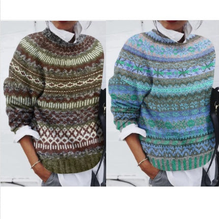 Women's Long Sleeve Printed Crew Neck Sweater Casual Jacket Knit Top