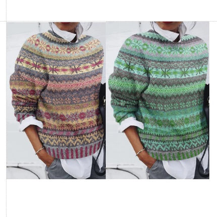 Women's Long Sleeve Printed Crew Neck Sweater Casual Jacket Knit Top