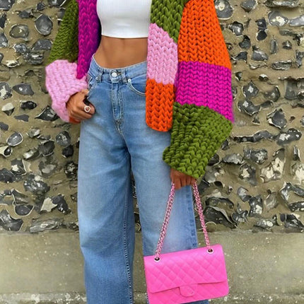 Women's Rainbow Cropped Cardigan Sweater Long Sleeve Loose Chunky Knit Cardigan