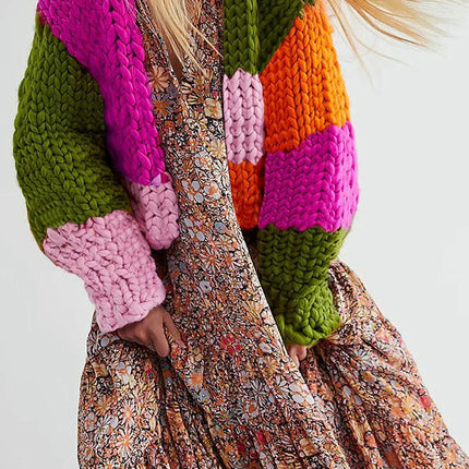Women's Rainbow Cropped Cardigan Sweater Long Sleeve Loose Chunky Knit Cardigan