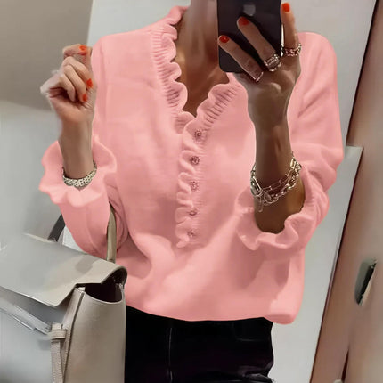 Women's V Neck Sweater Soft Ruffle Fashion Button Loose Knit Pullover Sweaters