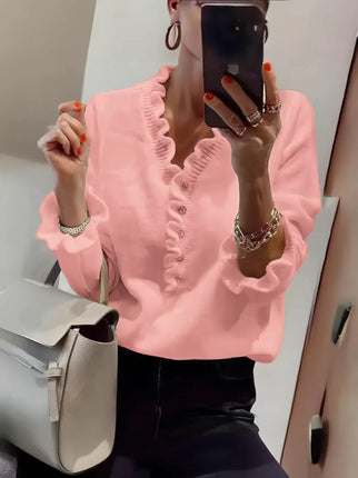 Women's V Neck Sweater Soft Ruffle Fashion Button Loose Knit Pullover Sweaters
