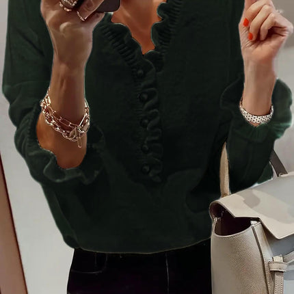 Women's V Neck Sweater Soft Ruffle Fashion Button Loose Knit Pullover Sweaters