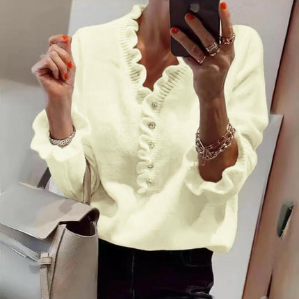 Women's V Neck Sweater Soft Ruffle Fashion Button Loose Knit Pullover Sweaters
