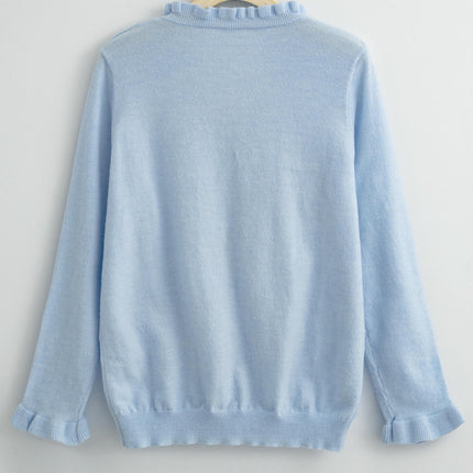 Women's V Neck Sweater Soft Ruffle Fashion Button Loose Knit Pullover Sweaters