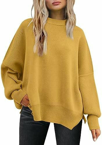 Women's Crew Neck Batwing Sleeve Sweater Ribbed Knit Side Slit Pullover Top