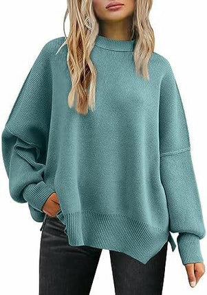 Women's Crew Neck Batwing Sleeve Sweater Ribbed Knit Side Slit Pullover Top