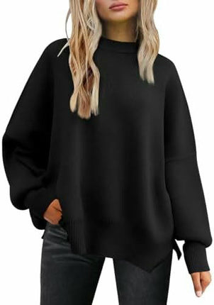 Women's Crew Neck Batwing Sleeve Sweater Ribbed Knit Side Slit Pullover Top