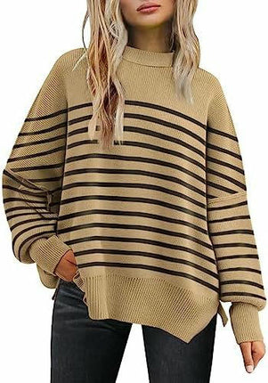 Women's Crew Neck Batwing Sleeve Sweater Ribbed Knit Side Slit Pullover Top
