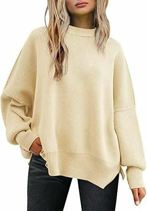 Women's Crew Neck Batwing Sleeve Sweater Ribbed Knit Side Slit Pullover Top