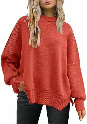 Women's Crew Neck Batwing Sleeve Sweater Ribbed Knit Side Slit Pullover Top 1