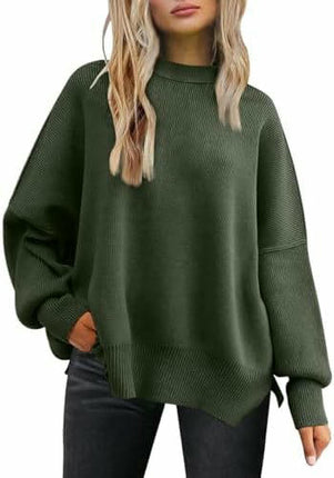 Women's Crew Neck Batwing Sleeve Sweater Ribbed Knit Side Slit Pullover Top