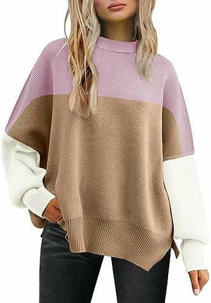 Women's Crew Neck Batwing Sleeve Sweater Ribbed Knit Side Slit Pullover Top