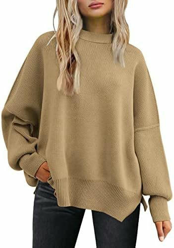 Women's Crew Neck Batwing Sleeve Sweater Ribbed Knit Side Slit Pullover Top 1