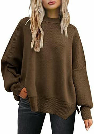 Women's Crew Neck Batwing Sleeve Sweater Ribbed Knit Side Slit Pullover Top 1