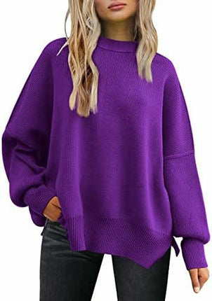 Women's Crew Neck Batwing Sleeve Sweater Ribbed Knit Side Slit Pullover Top 1