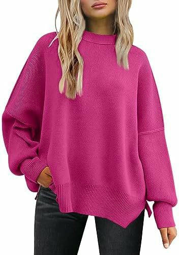 Women's Crew Neck Batwing Sleeve Sweater Ribbed Knit Side Slit Pullover Top 1