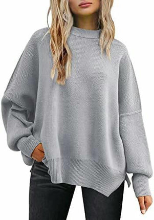Women's Crew Neck Batwing Sleeve Sweater Ribbed Knit Side Slit Pullover Top
