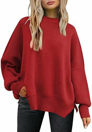 Women's Crew Neck Batwing Sleeve Sweater Ribbed Knit Side Slit Pullover Top