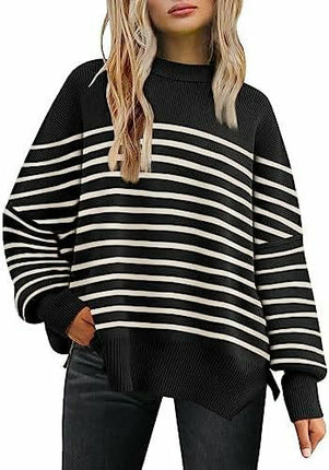 Women's Crew Neck Batwing Sleeve Sweater Ribbed Knit Side Slit Pullover Top 1