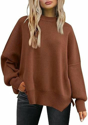 Women's Crew Neck Batwing Sleeve Sweater Ribbed Knit Side Slit Pullover Top 1