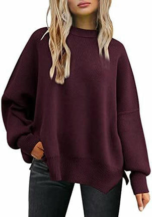 Women's Crew Neck Batwing Sleeve Sweater Ribbed Knit Side Slit Pullover Top