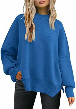 Women's Crew Neck Batwing Sleeve Sweater Ribbed Knit Side Slit Pullover Top