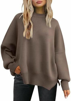 Women's Crew Neck Batwing Sleeve Sweater Ribbed Knit Side Slit Pullover Top 1