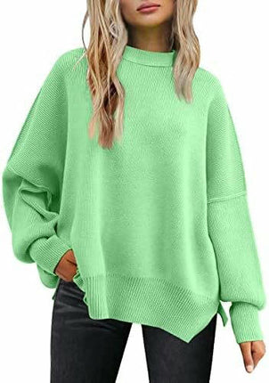 Women's Crew Neck Batwing Sleeve Sweater Ribbed Knit Side Slit Pullover Top